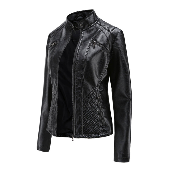 Faux Leather Jacket Womens Biker Stand Collar Zip Up Quilted Slim Fit - image 13