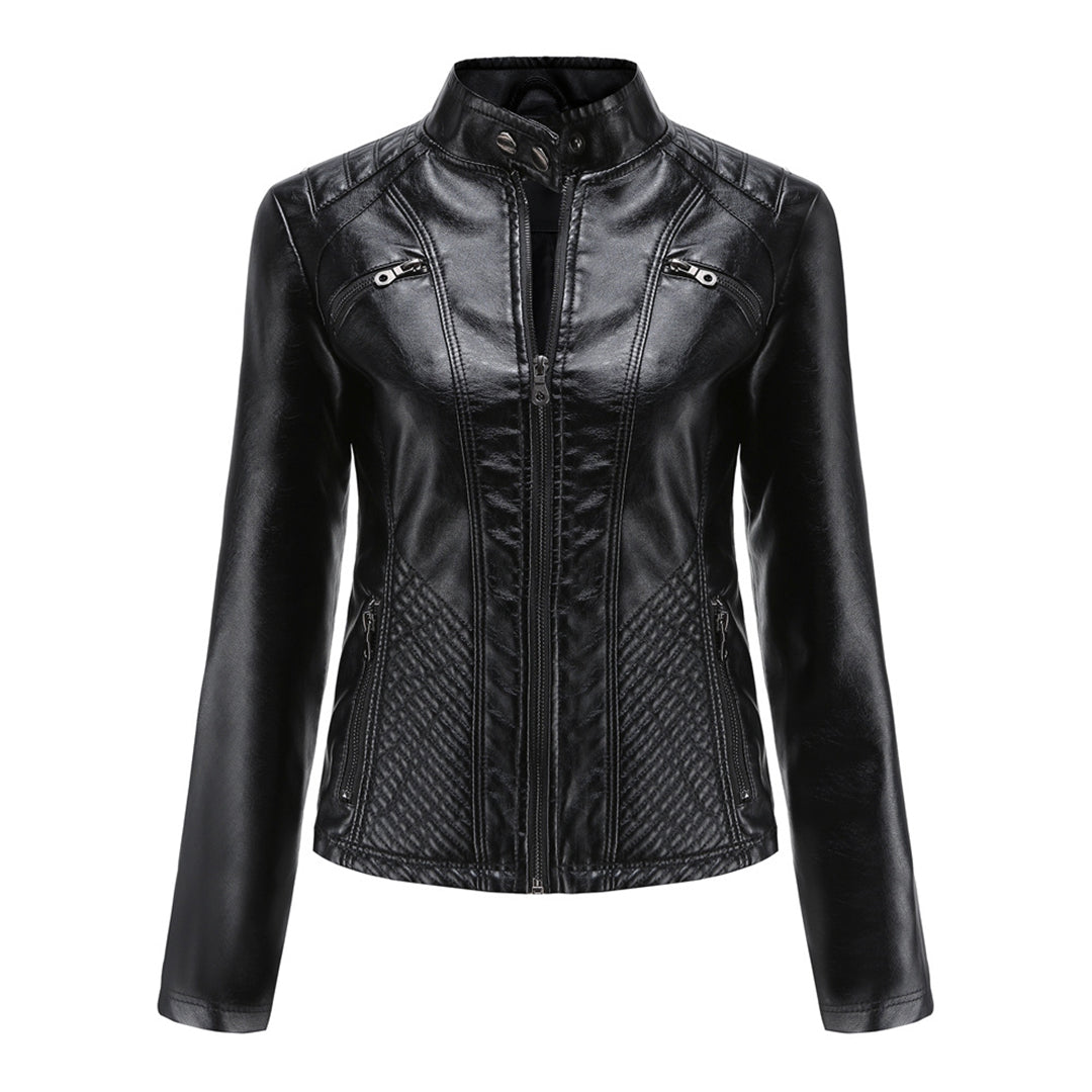 Faux Leather Jacket Womens Biker Stand Collar Zip Up Quilted Slim Fit - image 15