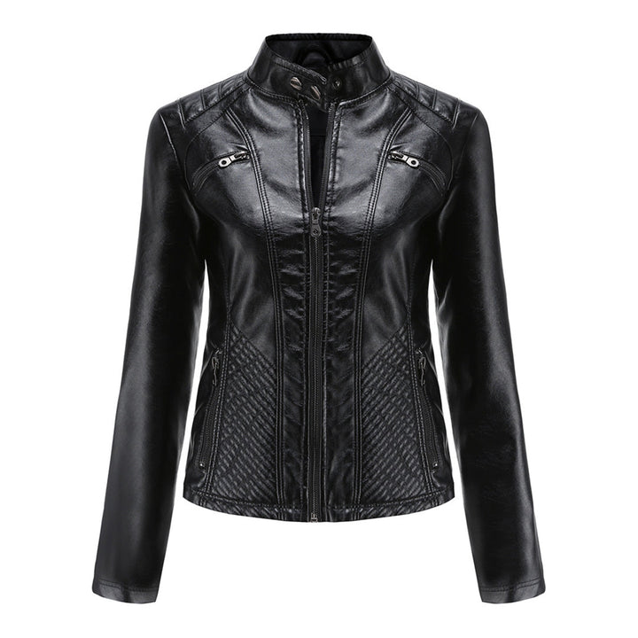 Faux Leather Jacket Womens Biker Stand Collar Zip Up Quilted Slim Fit - image 15