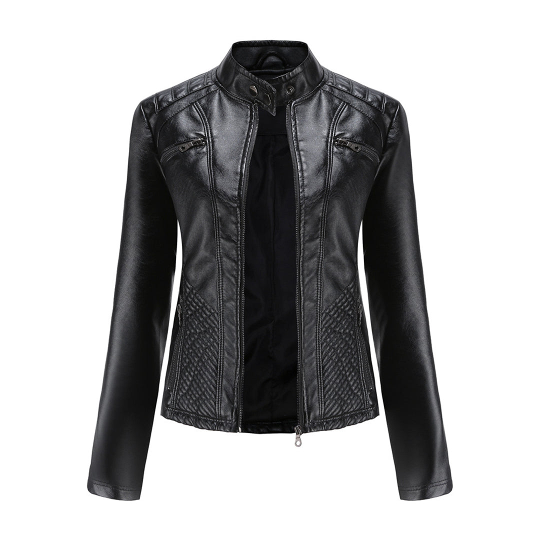 Faux Leather Jacket Womens Biker Stand Collar Zip Up Quilted Slim Fit - image 1