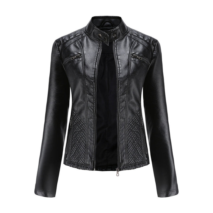 Faux Leather Jacket Womens Biker Stand Collar Zip Up Quilted Slim Fit - image 1