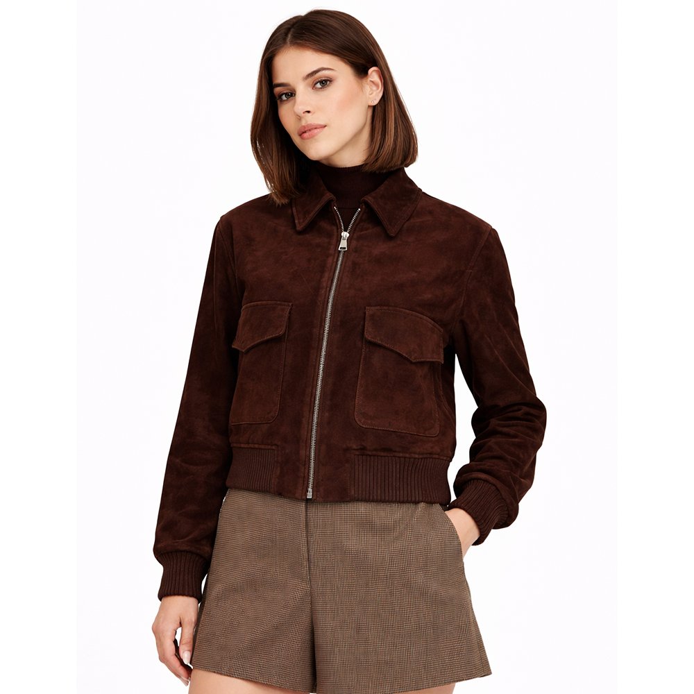Suede Bomber Jacket Womens Ribbed Collar Zip Front Leather - image 6
