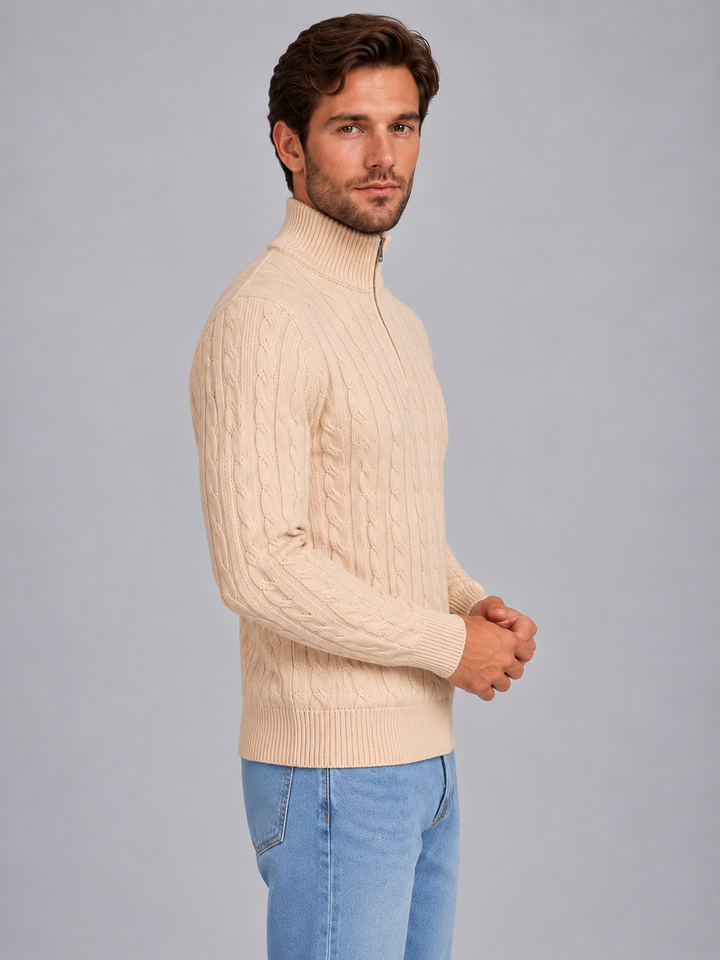 Quarter Zip Jumper Mens Cable Knit Funnel Neck Ribbed Cuffs Regular Fit - image 3