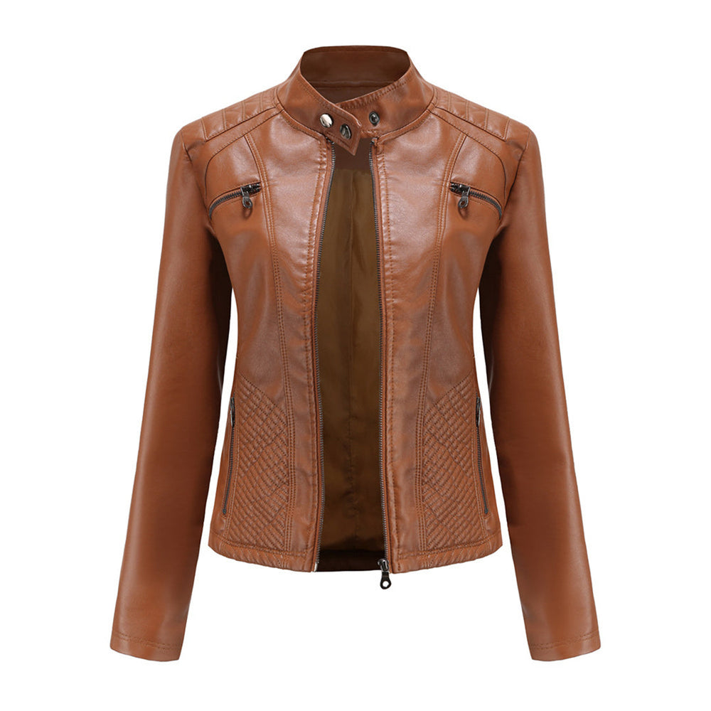 Faux Leather Jacket Womens Biker Stand Collar Zip Up Quilted Slim Fit - image 2