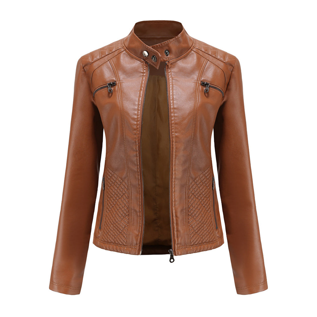 Faux Leather Jacket Womens Biker Stand Collar Zip Up Quilted Slim Fit - image 2