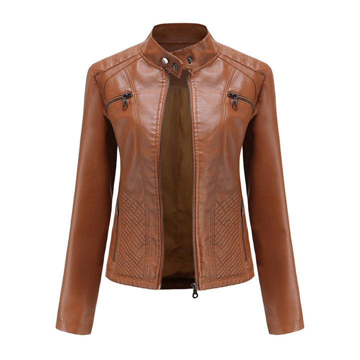 Faux Leather Jacket Womens Biker Stand Collar Zip Up Quilted Slim Fit - image 2