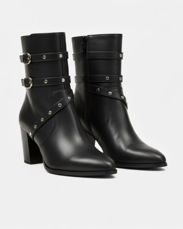 Ankle Boots Womens Pointed Toe Block Heel Studded Buckle Strap Faux Leather Side Zip - image 5