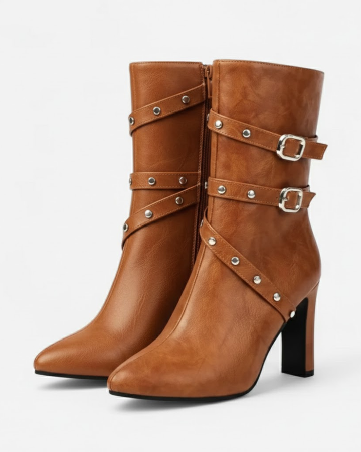 Ankle Boots Womens Pointed Toe Block Heel Studded Buckle Strap Faux Leather Side Zip - image 1