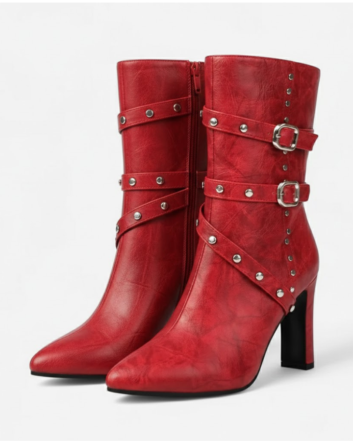 Ankle Boots Womens Pointed Toe Block Heel Studded Buckle Strap Faux Leather Side Zip - image 3
