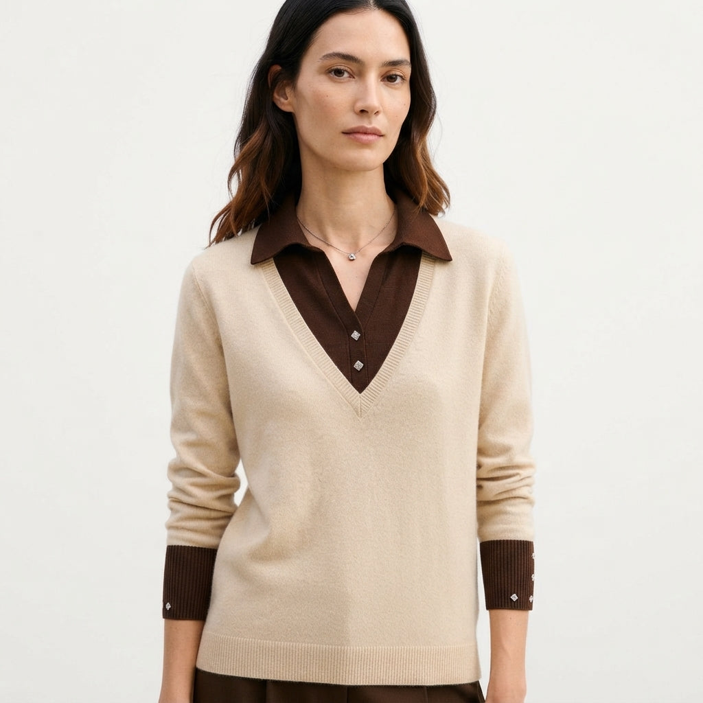 Collared Jumper Womens V Neck Contrast Shirt Collar and Cuffs - image 1