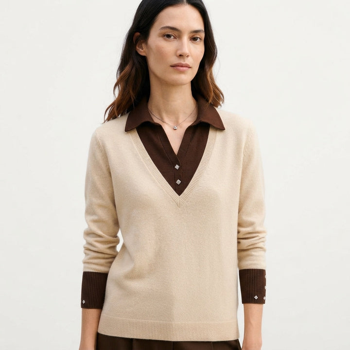 Collared Jumper Womens V Neck Contrast Shirt Collar and Cuffs - image 1