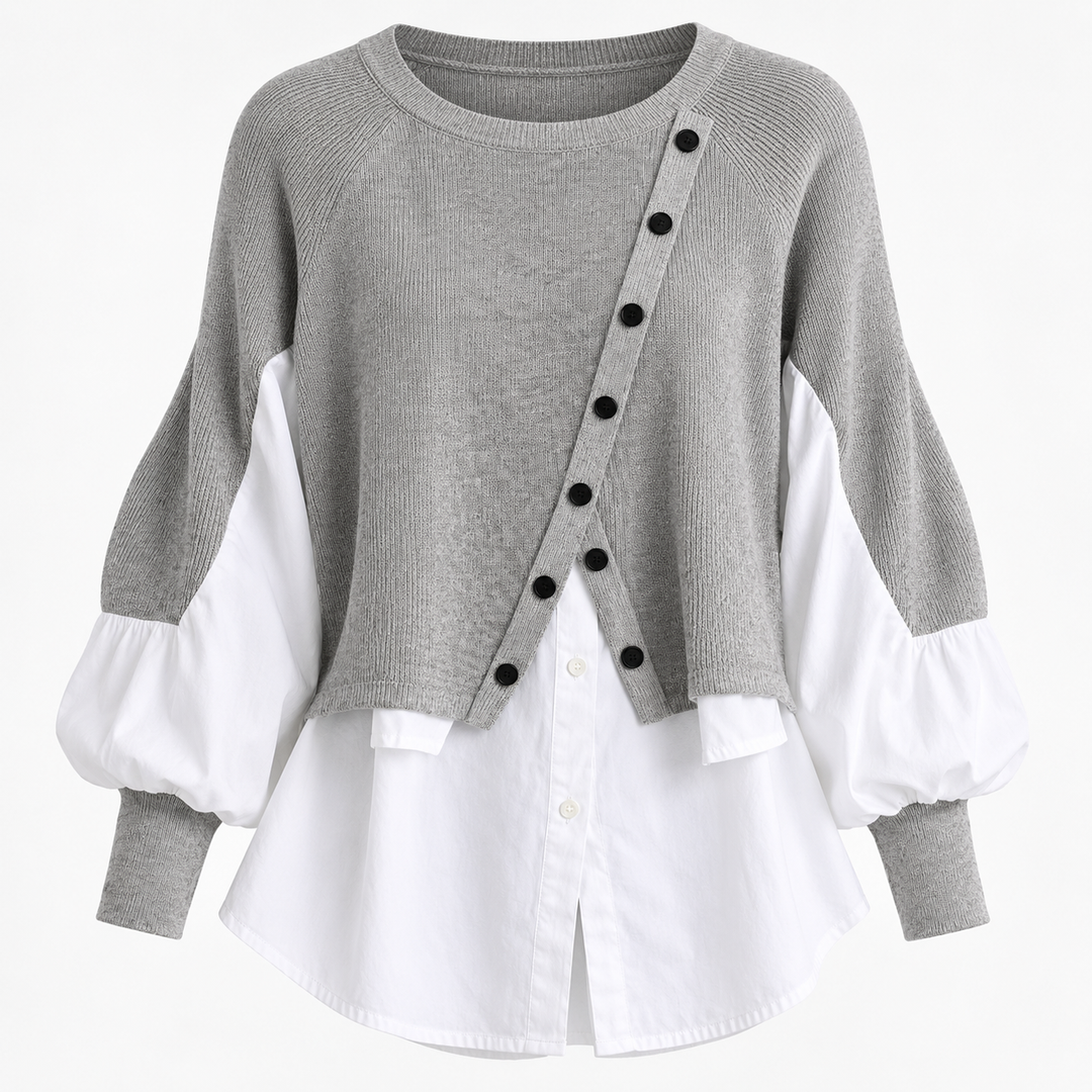 Layered Jumper Womens Shirt Hem Balloon Sleeve Button Detail Knit - image 2