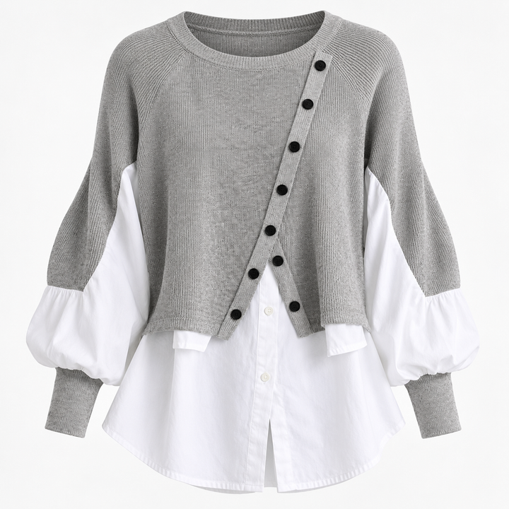 Layered Jumper Womens Shirt Hem Balloon Sleeve Button Detail Knit - image 2