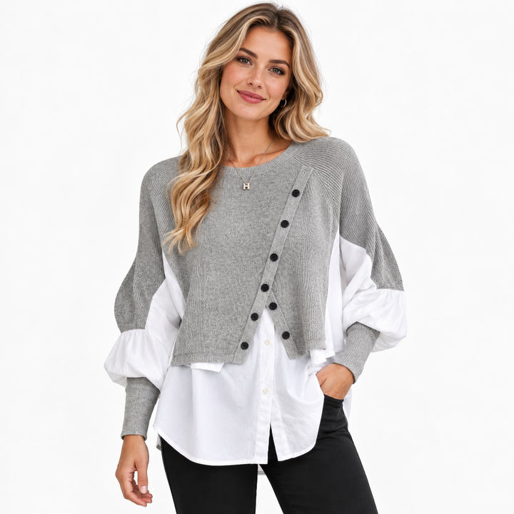 Layered Jumper Womens Shirt Hem Balloon Sleeve Button Detail Knit - image 1
