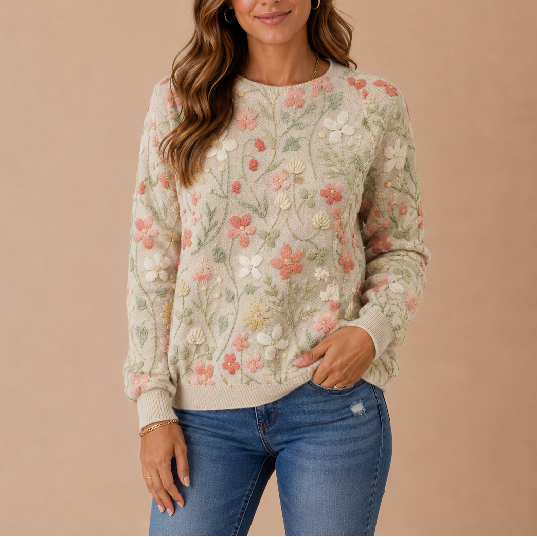 Jumper Womens Embroidered Floral Crew Neck Relaxed Fit Fine Knit - image 1