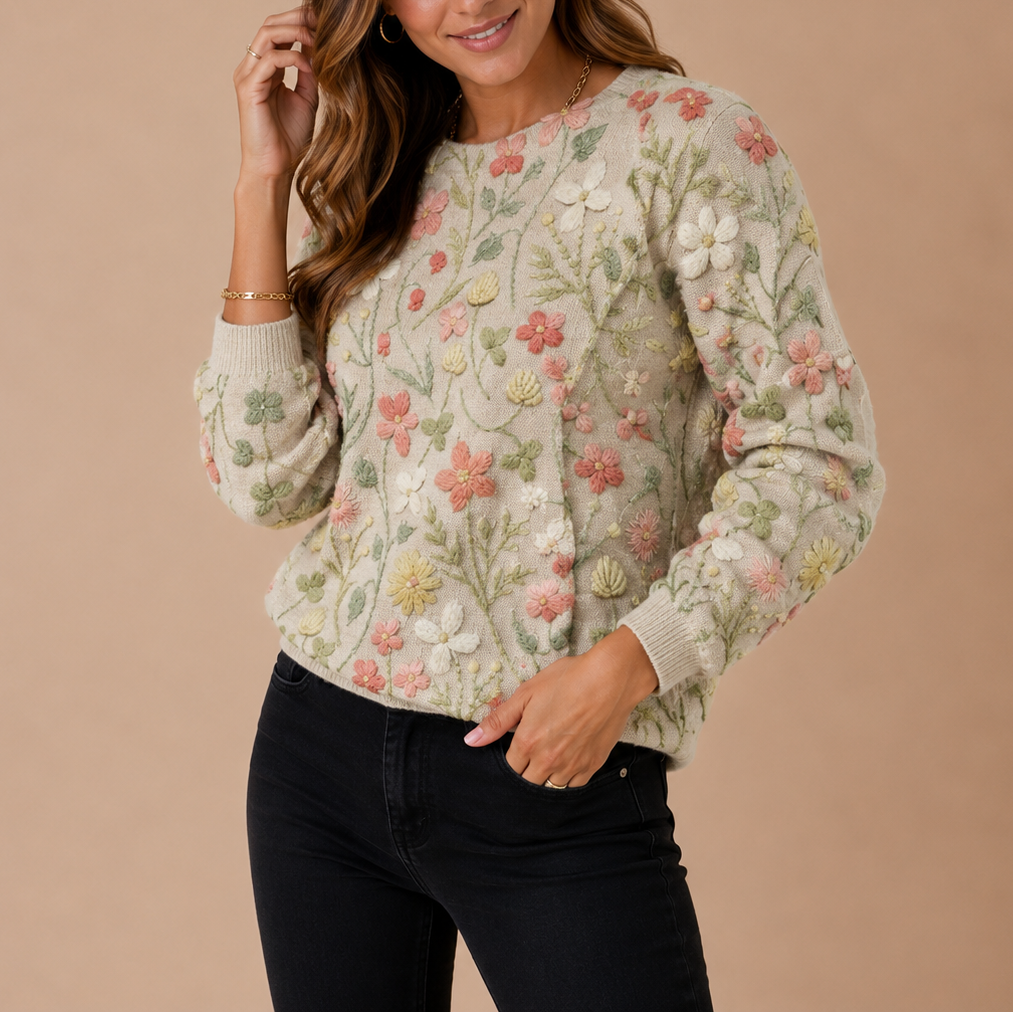 Jumper Womens Embroidered Floral Crew Neck Relaxed Fit Fine Knit - image 2