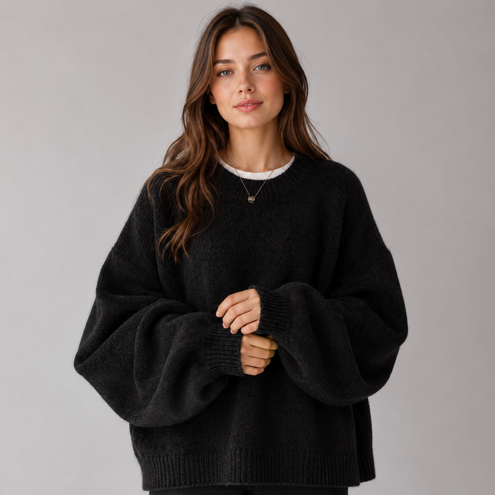 Knitted Jumper Womens Balloon Sleeve Brushed Round Neck Wide Fit Ribbed Hem - image 1