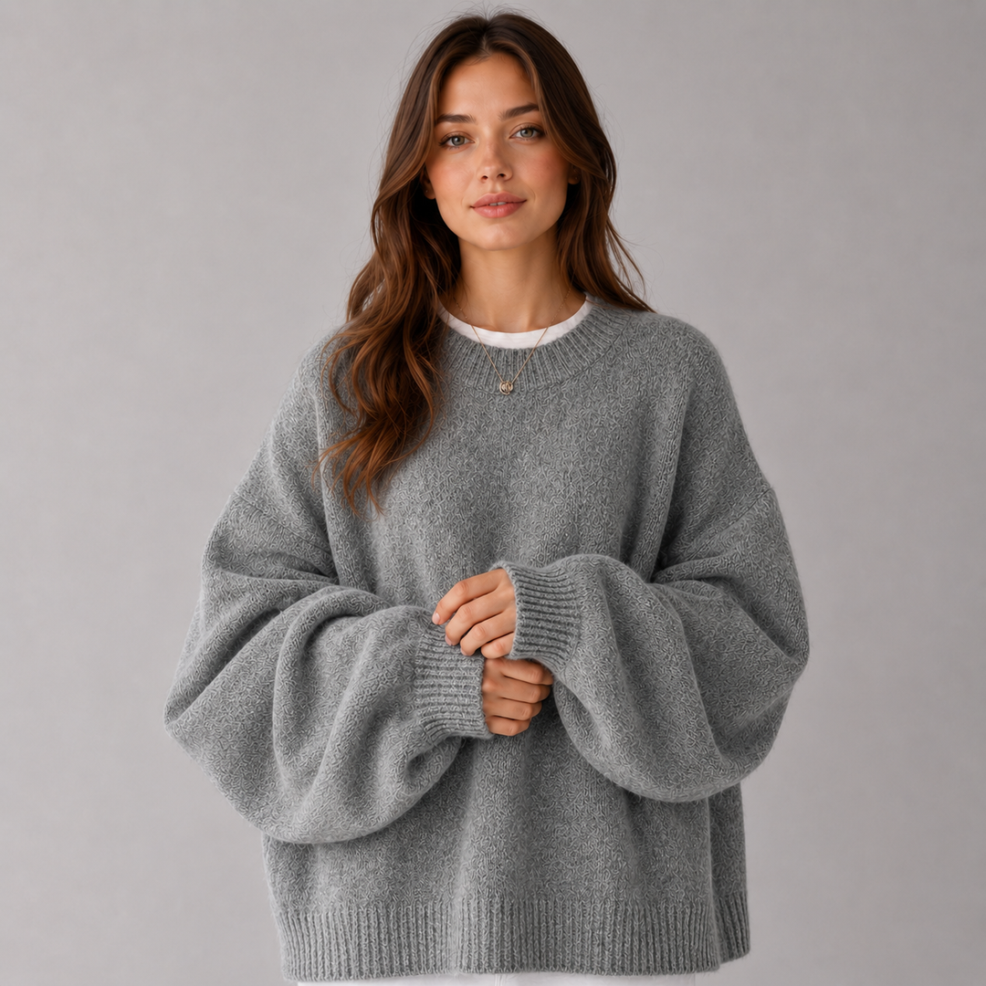 Knitted Jumper Womens Balloon Sleeve Brushed Round Neck Wide Fit Ribbed Hem - image 2