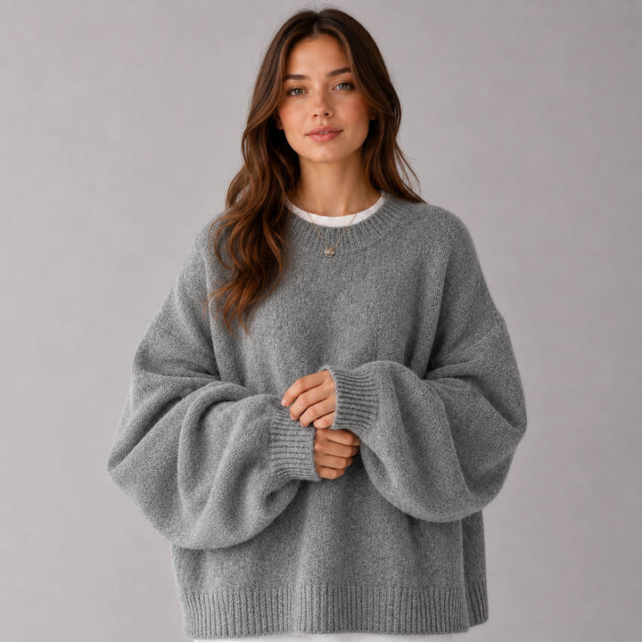 Knitted Jumper Womens Balloon Sleeve Brushed Round Neck Wide Fit Ribbed Hem - image 2