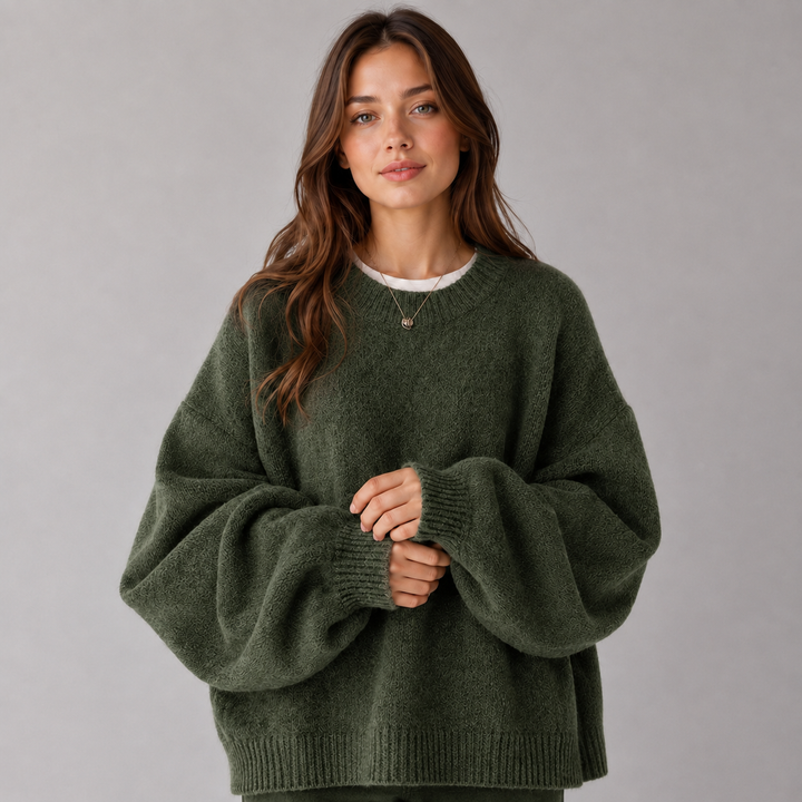 Knitted Jumper Womens Balloon Sleeve Brushed Round Neck Wide Fit Ribbed Hem - image 3