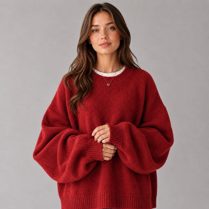 Knitted Jumper Womens Balloon Sleeve Brushed Round Neck Wide Fit Ribbed Hem - image 4