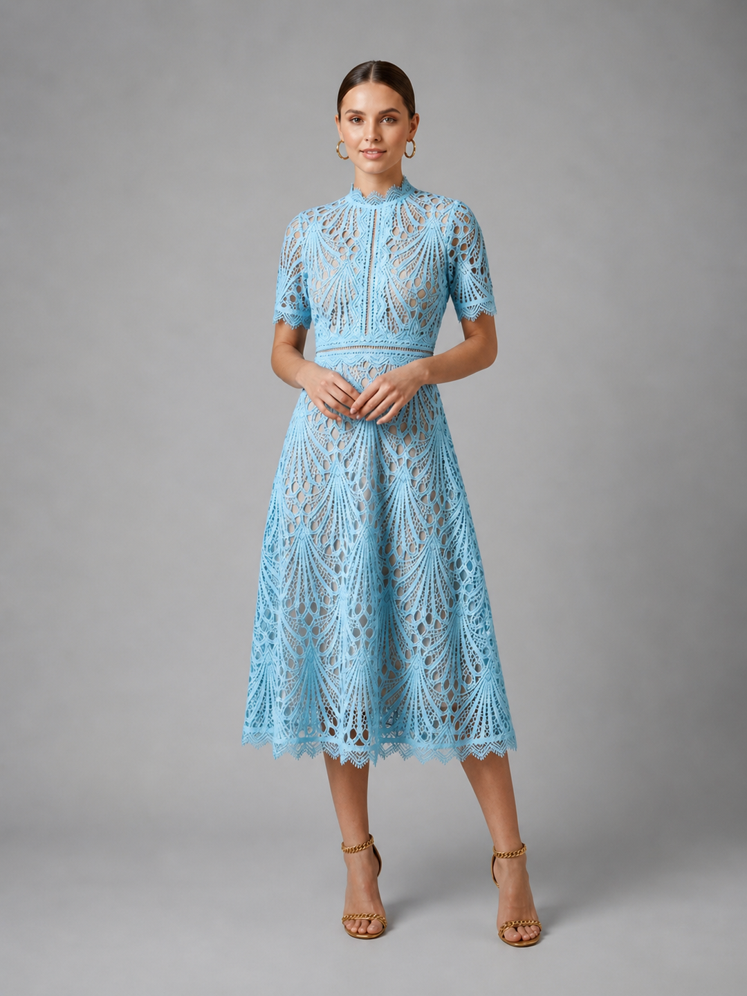 Midi Dress Womens Lace Cutwork High Neck A Line
