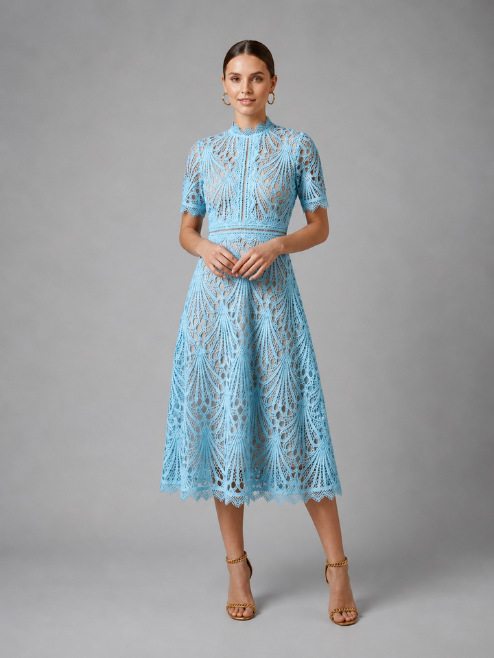 Midi Dress Womens Lace Cutwork High Neck A Line