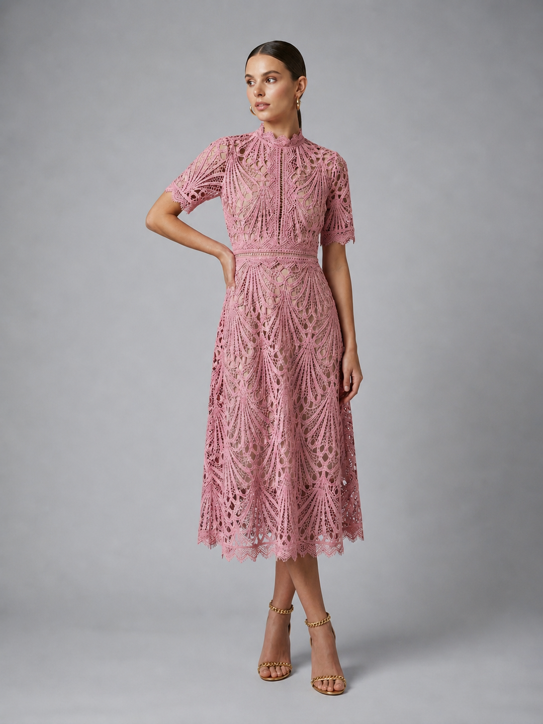 Midi Dress Womens Lace Cutwork High Neck A Line