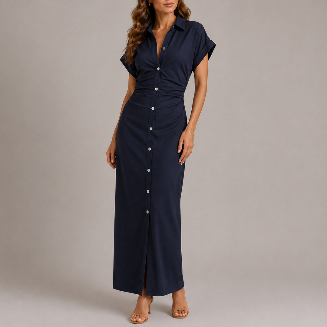 Women's Tailored Denim Midi Dress with Lapel Collar — image 1