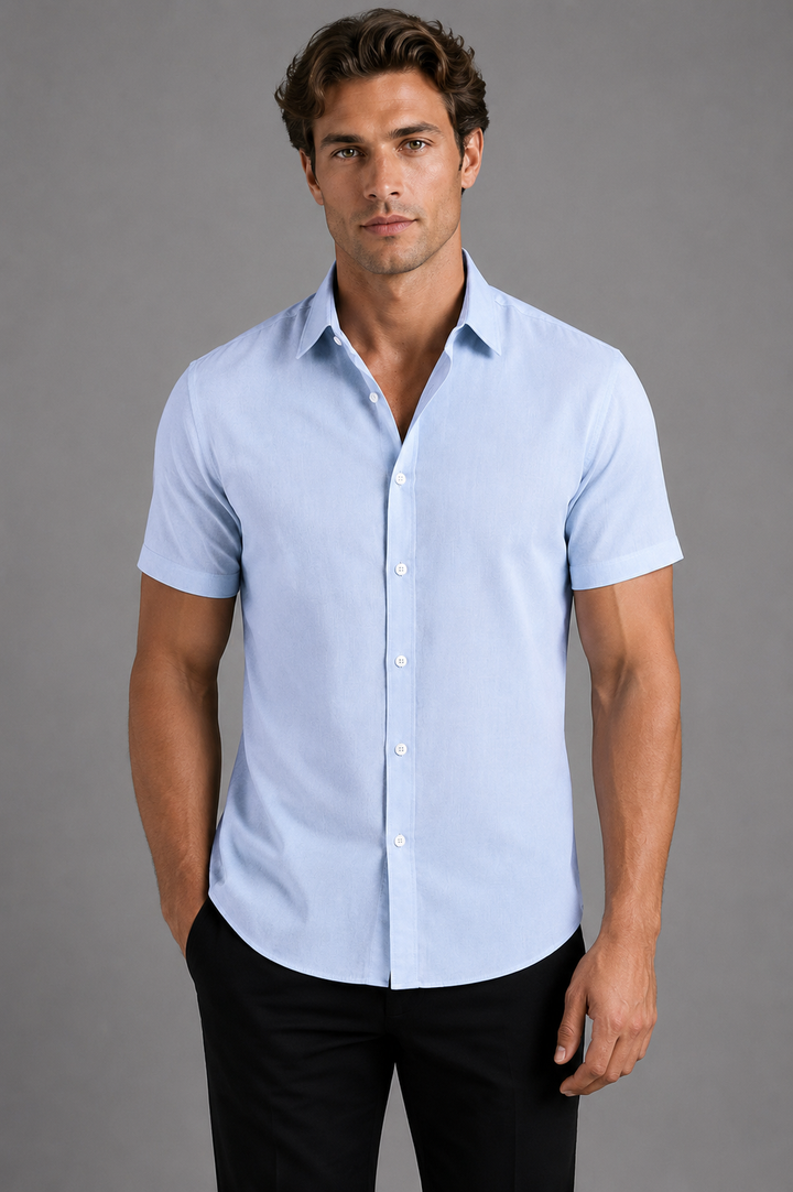 Short Sleeve Shirt Mens Slim Fit Button Up Point Collar Plain Smart Casual Layering - image 1