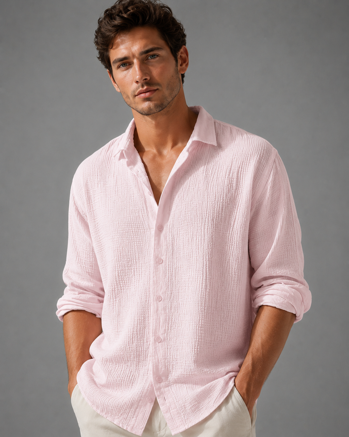 Crinkle Shirt Mens Long Sleeve Gauze Look Relaxed Fit Lightweight Button Up Holiday Resort - image 1