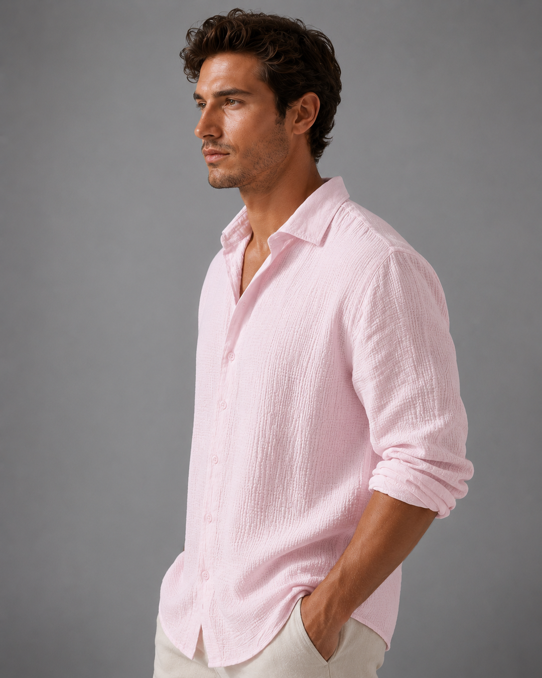 Crinkle Shirt Mens Long Sleeve Gauze Look Relaxed Fit Lightweight Button Up Holiday Resort - image 3