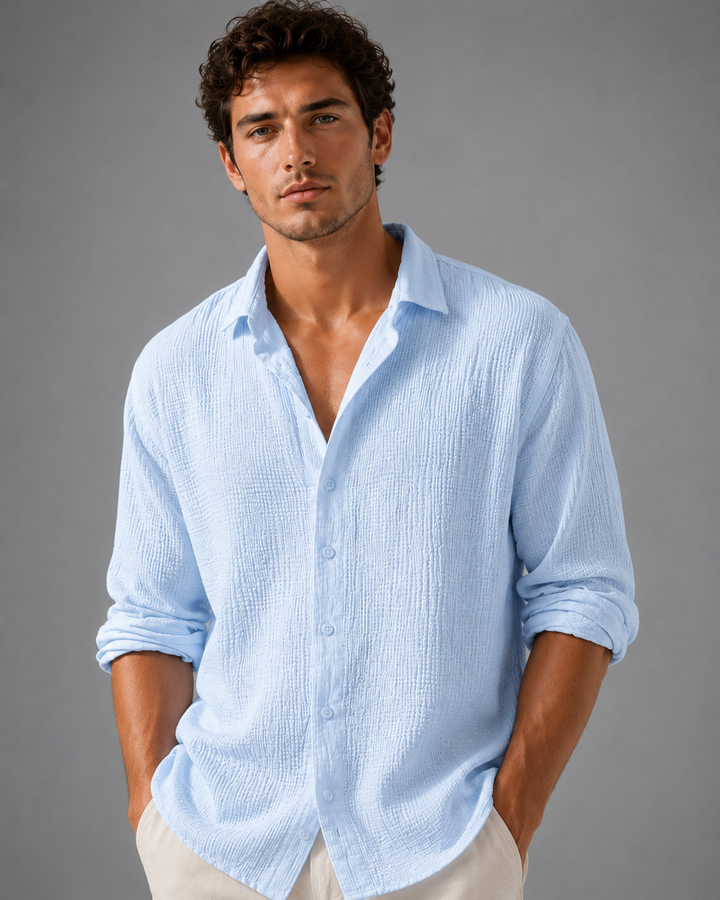 Crinkle Shirt Mens Long Sleeve Gauze Look Relaxed Fit Lightweight Button Up Holiday Resort - image 4