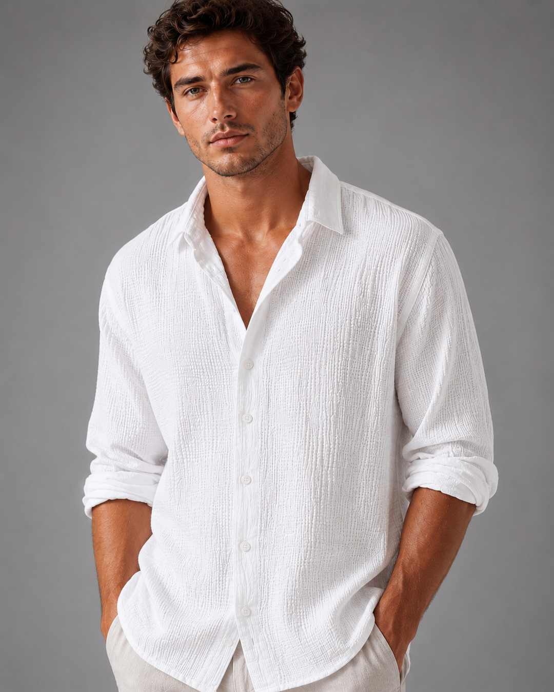 Crinkle Shirt Mens Long Sleeve Gauze Look Relaxed Fit Lightweight Button Up Holiday Resort - image 5
