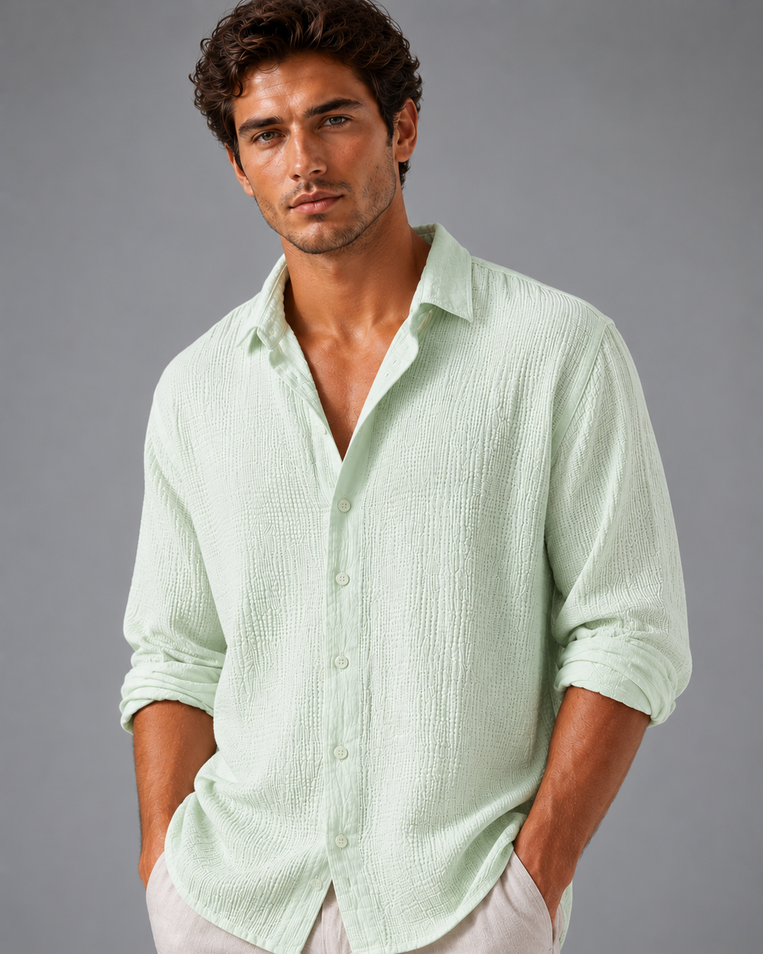 Crinkle Shirt Mens Long Sleeve Gauze Look Relaxed Fit Lightweight Button Up Holiday Resort - image 6