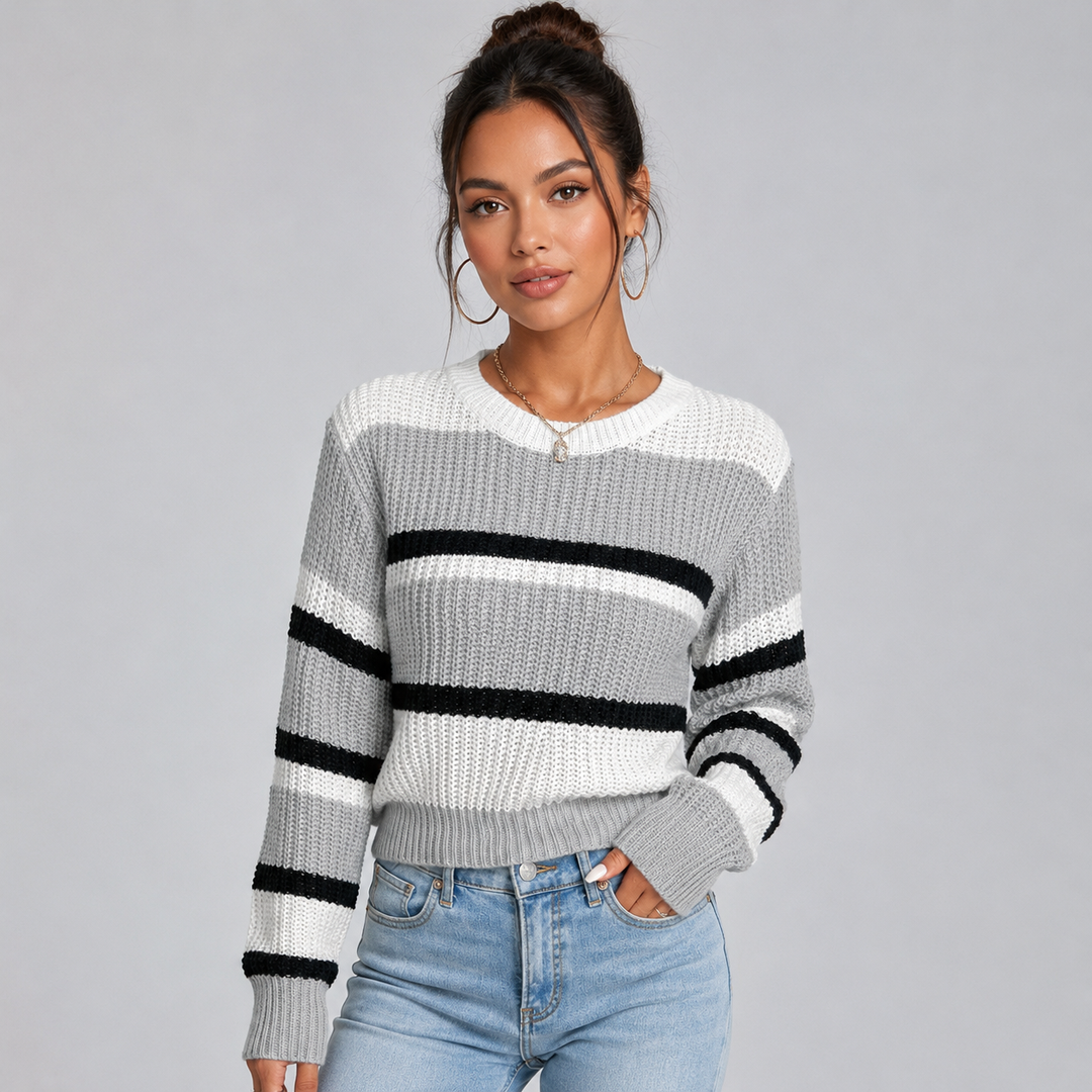 Cropped Jumper Womens Contrast Stripe Round Neck Ribbed Cuffs Waist Length - image 1