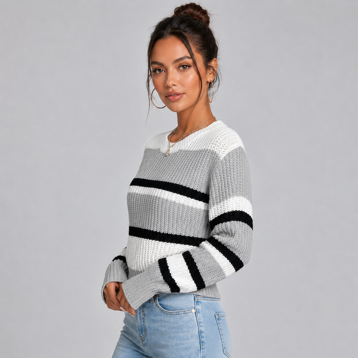 Cropped Jumper Womens Contrast Stripe Round Neck Ribbed Cuffs Waist Length - image 6