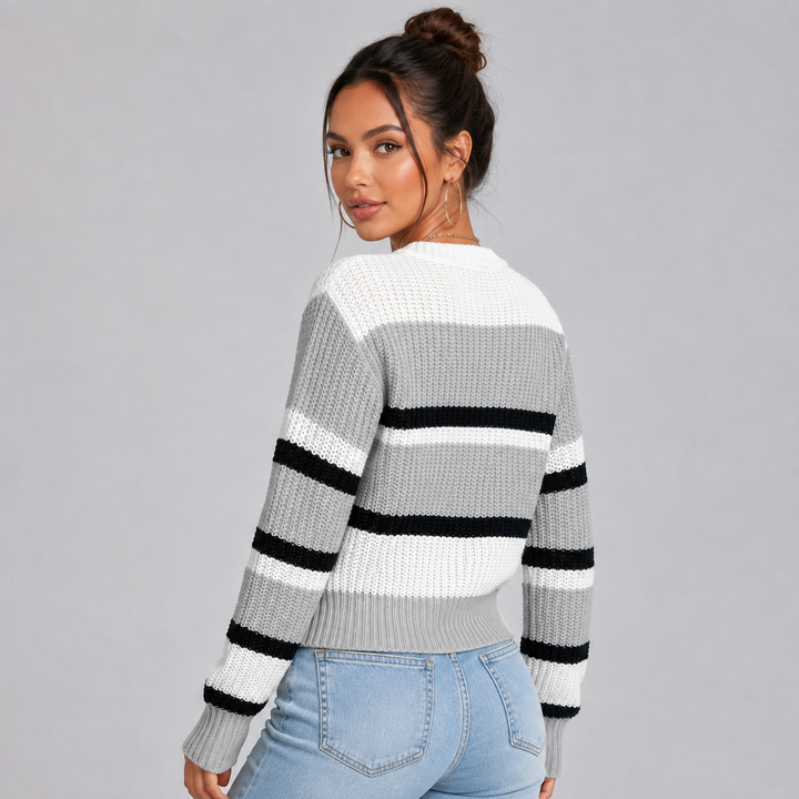 Cropped Jumper Womens Contrast Stripe Round Neck Ribbed Cuffs Waist Length - image 5