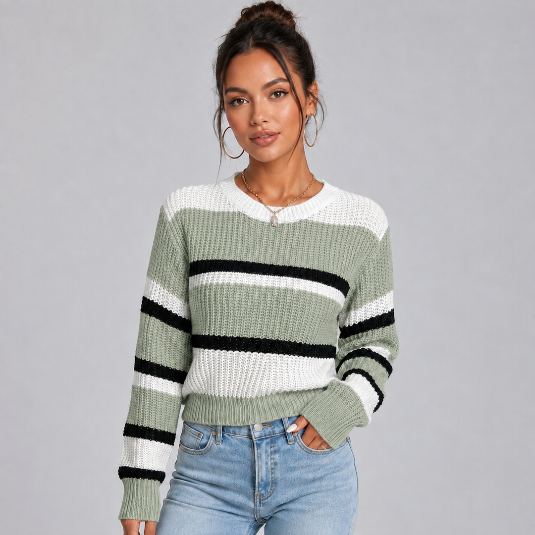 Cropped Jumper Womens Contrast Stripe Round Neck Ribbed Cuffs Waist Length - image 4