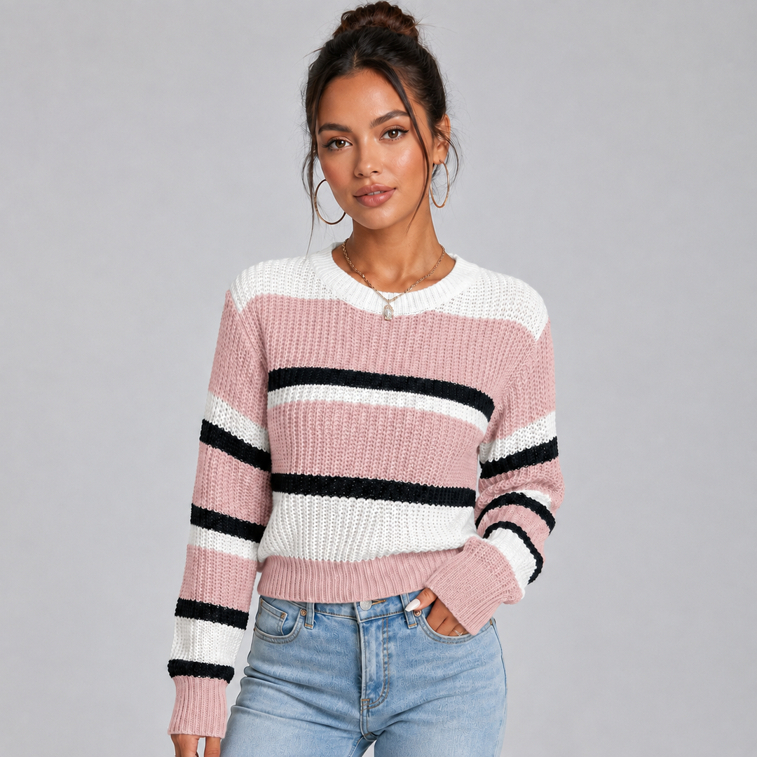 Cropped Jumper Womens Contrast Stripe Round Neck Ribbed Cuffs Waist Length - image 3