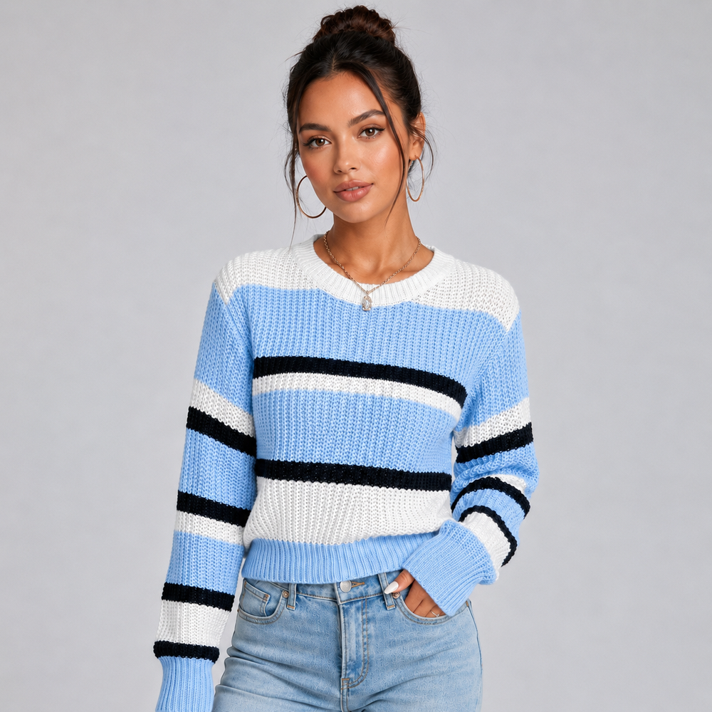 Cropped Jumper Womens Contrast Stripe Round Neck Ribbed Cuffs Waist Length - image 2