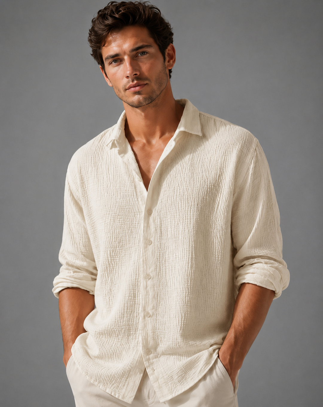 Crinkle Shirt Mens Long Sleeve Gauze Look Relaxed Fit Lightweight Button Up Holiday Resort - image 9