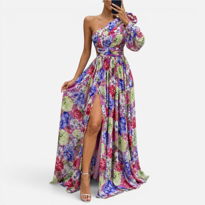 One Shoulder Maxi Dress Womens Floral Chiffon High Split Gathered Waist - image 1
