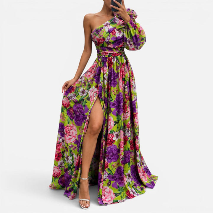 One Shoulder Maxi Dress Womens Floral Chiffon High Split Gathered Waist - image 2