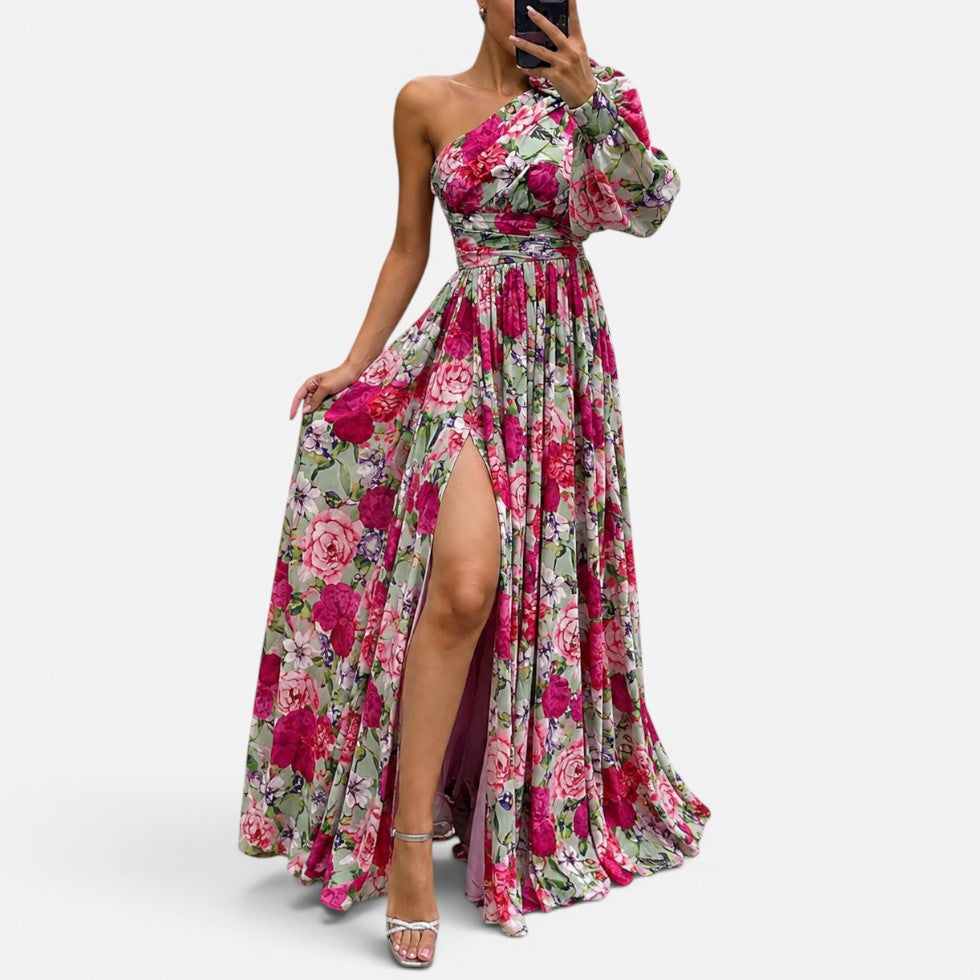 One Shoulder Maxi Dress Womens Floral Chiffon High Split Gathered Waist - image 3