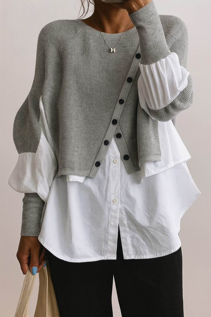 Layered Jumper Womens Shirt Hem Balloon Sleeve Button Detail Knit - image 3