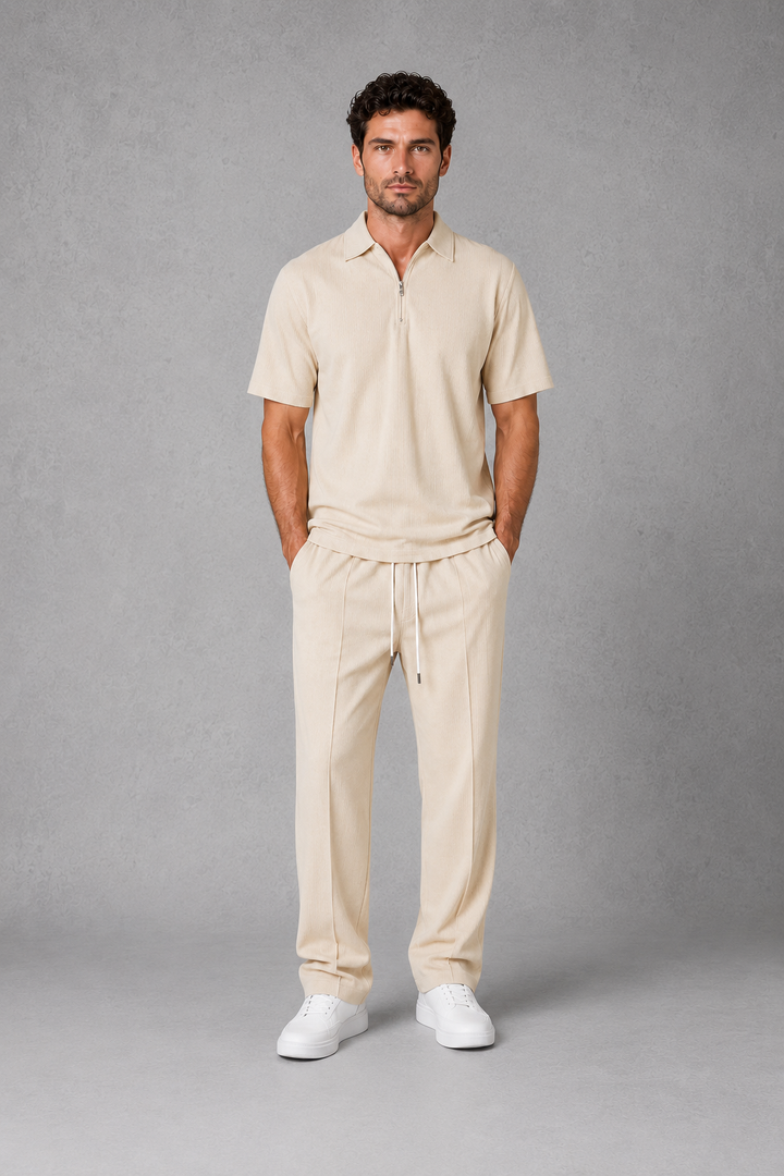 Co Ord Set Mens Waffle Knit Zip Polo Shirt Drawstring Trousers Short Sleeve Relaxed Fit - image 1