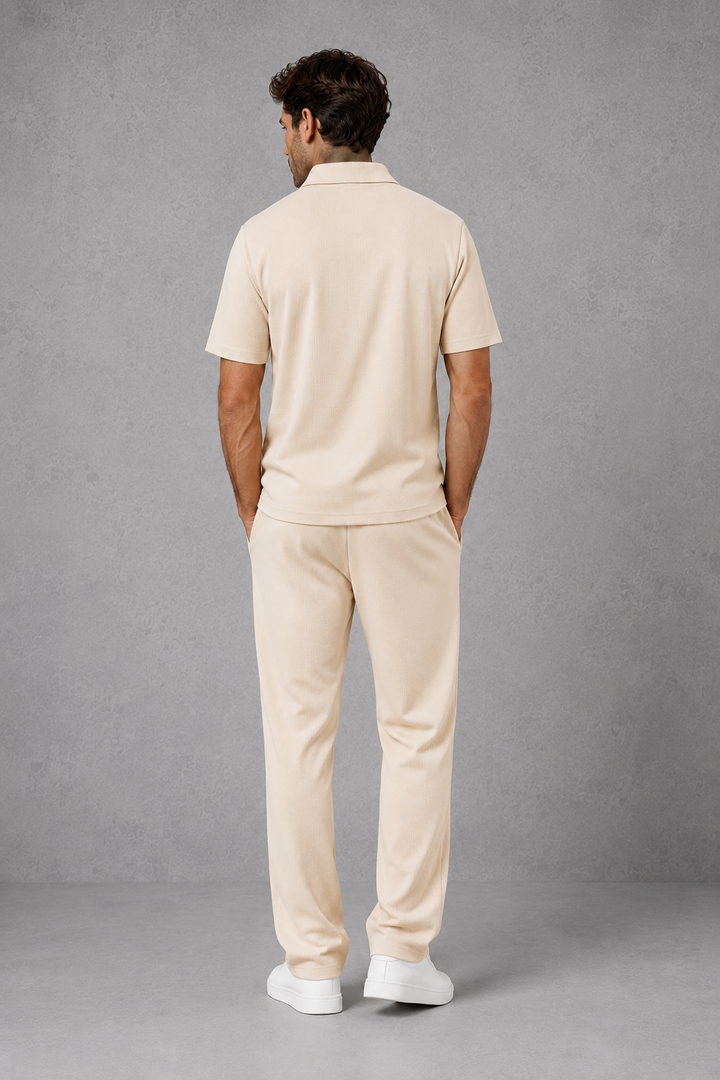 Co Ord Set Mens Waffle Knit Zip Polo Shirt Drawstring Trousers Short Sleeve Relaxed Fit - image 3
