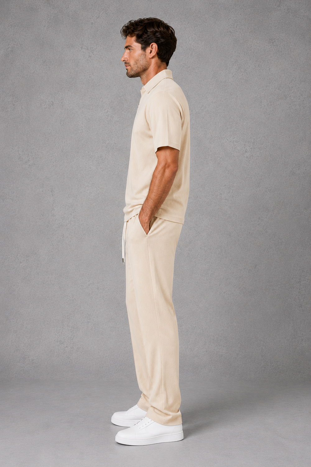Co Ord Set Mens Waffle Knit Zip Polo Shirt Drawstring Trousers Short Sleeve Relaxed Fit - image 2