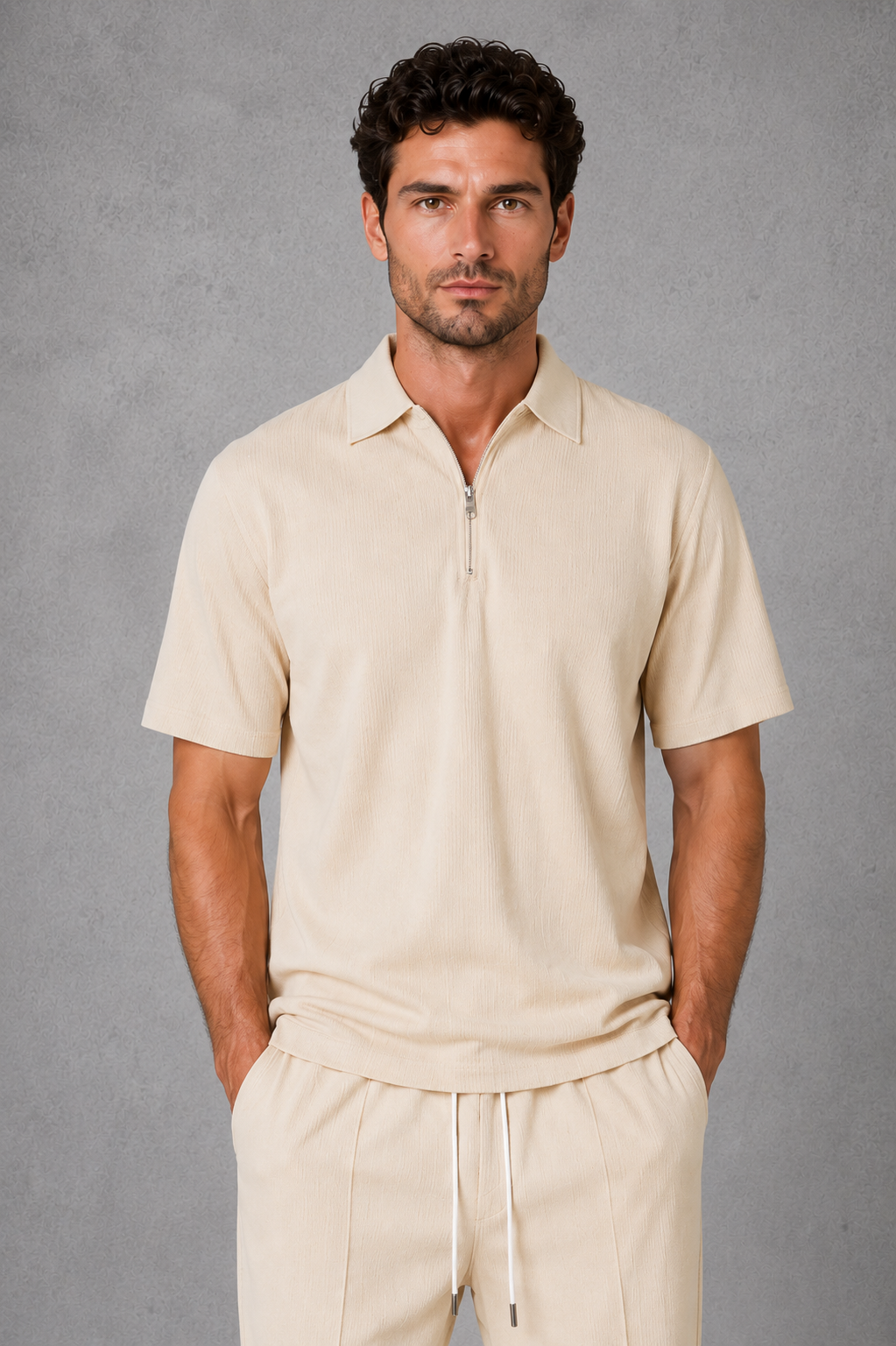 Co Ord Set Mens Waffle Knit Zip Polo Shirt Drawstring Trousers Short Sleeve Relaxed Fit - image 4